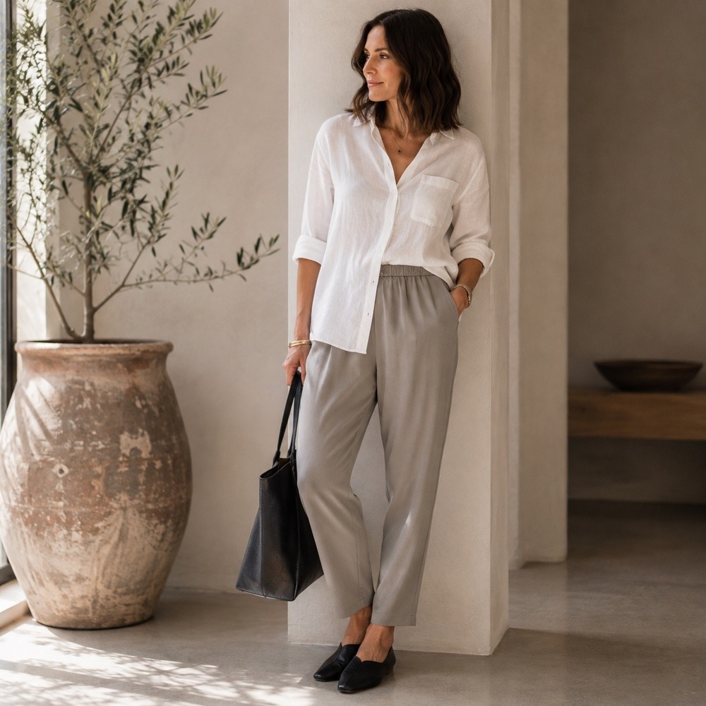 Eileen Fisher 100% Silk Gray Pull-On Tapered Pants Women S/P